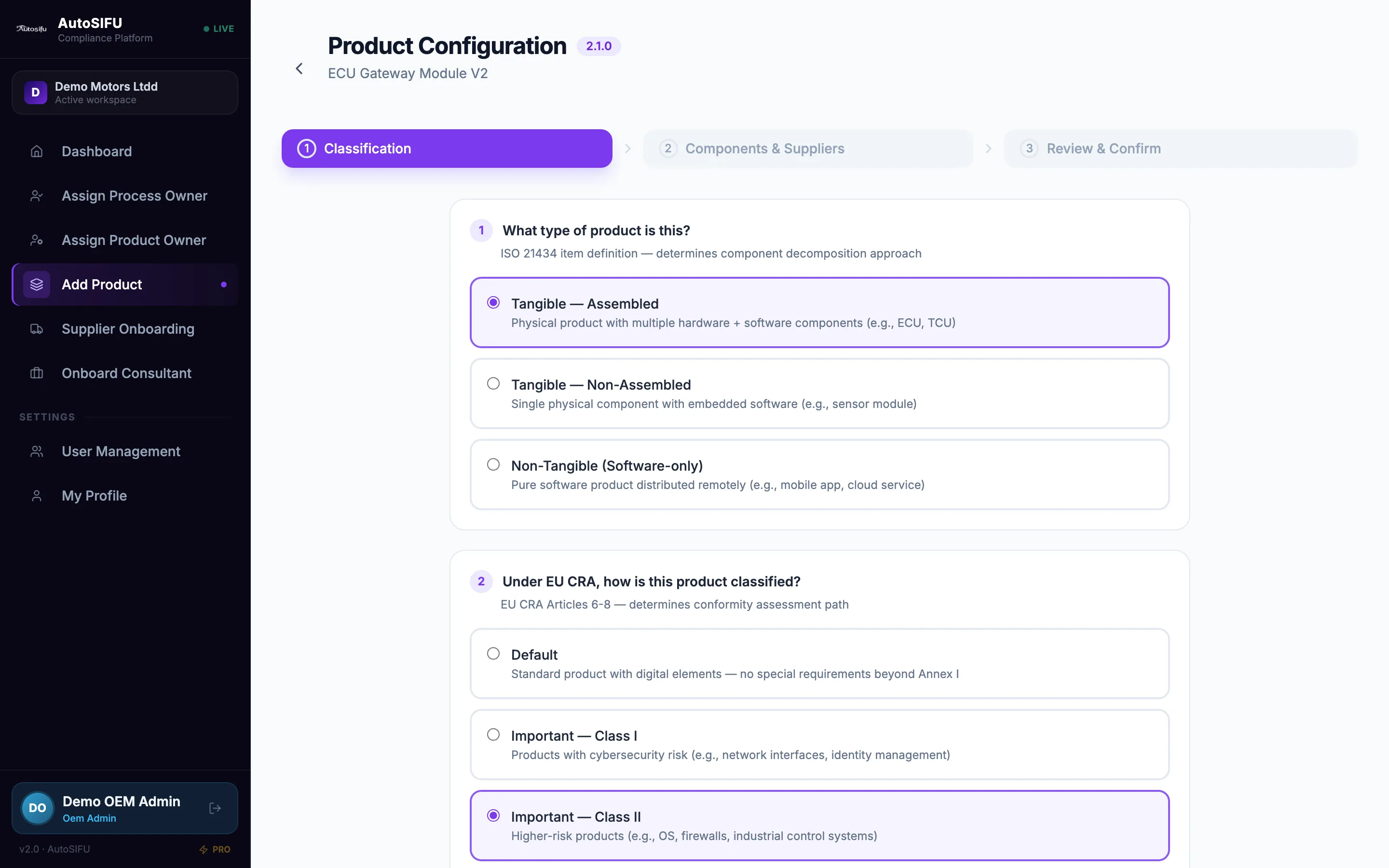 The product configuration wizard asking first for the ISO 21434 item type and then for the EU CRA class, with Tangible Assembled and Important Class II both selected.