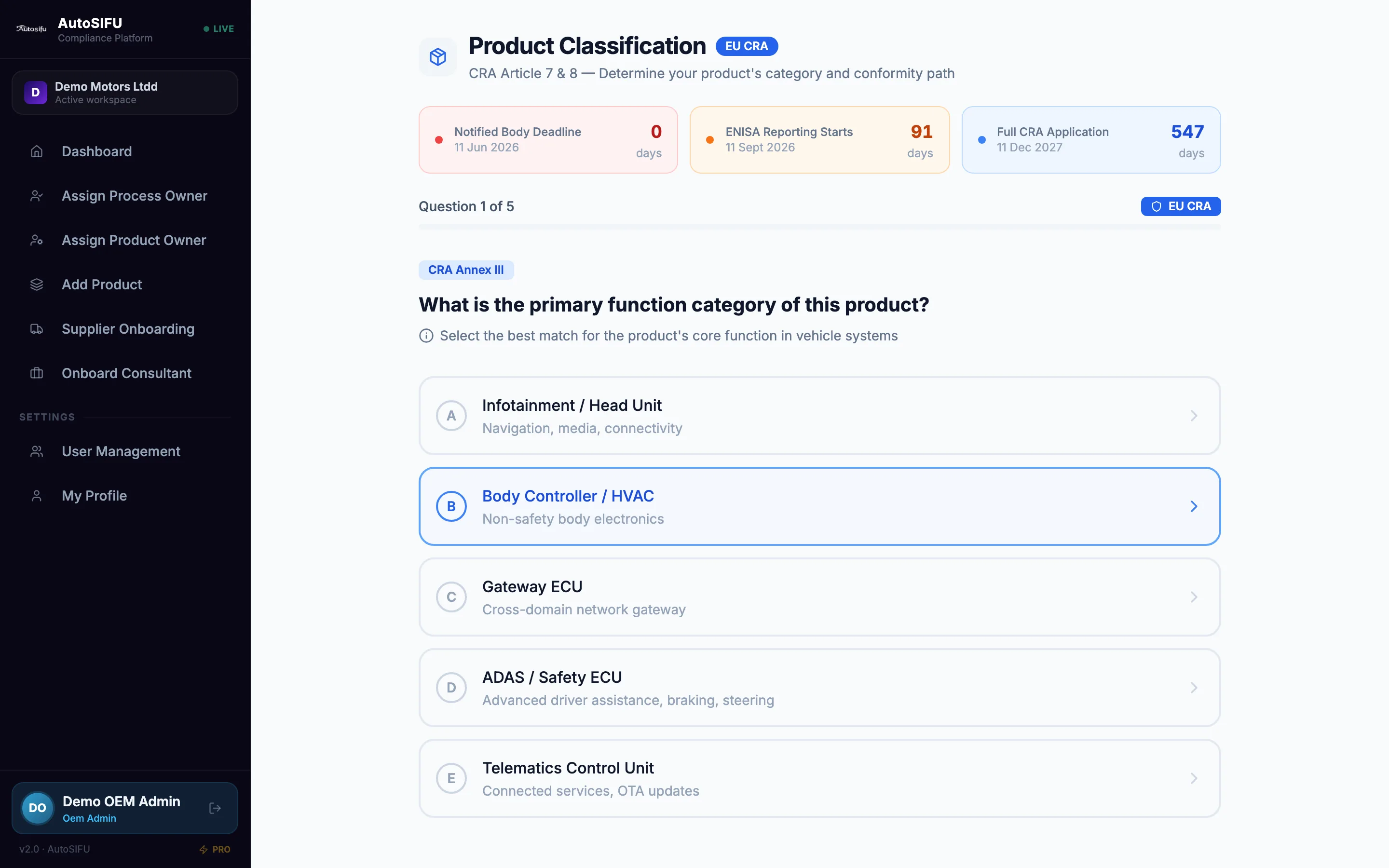 The classification wizard on the first of five questions, asking for the product's primary function category and offering five vehicle system types to choose between.