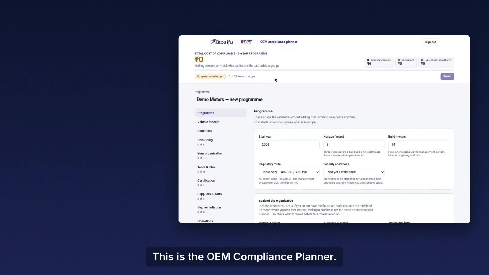 The planner starts at ₹0 — add only what applies to the programme.